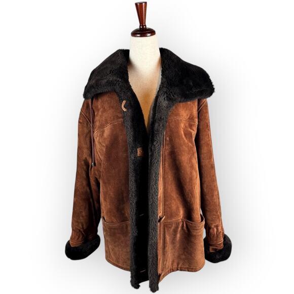 Vintage 1990's Chestnut Brown Suede Womens Coat with Black Faux Fur Lining Small - Picture 1 of 9